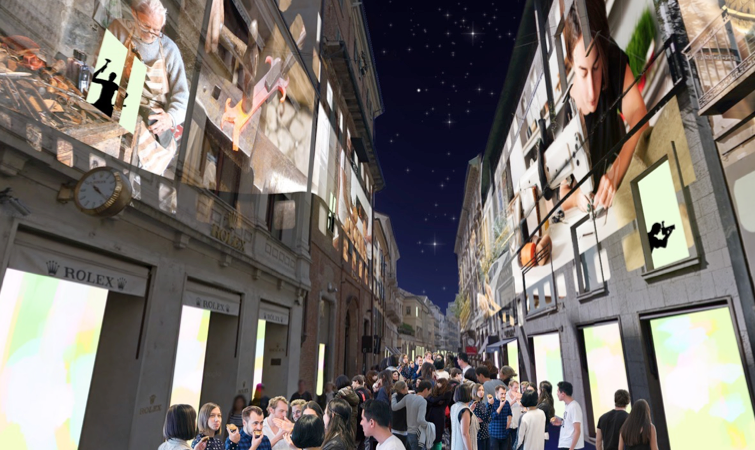 Above, MILAN XL Manifesto. Here the Altagamma Installation in the shopping street, Via Montenapoleone 